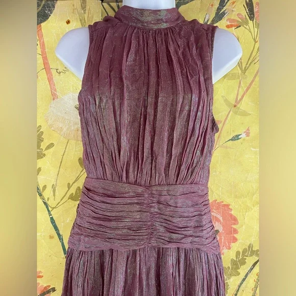 Anthropologie x BHLDN Juniper Metallic Tiered Backless High-Neck Gown